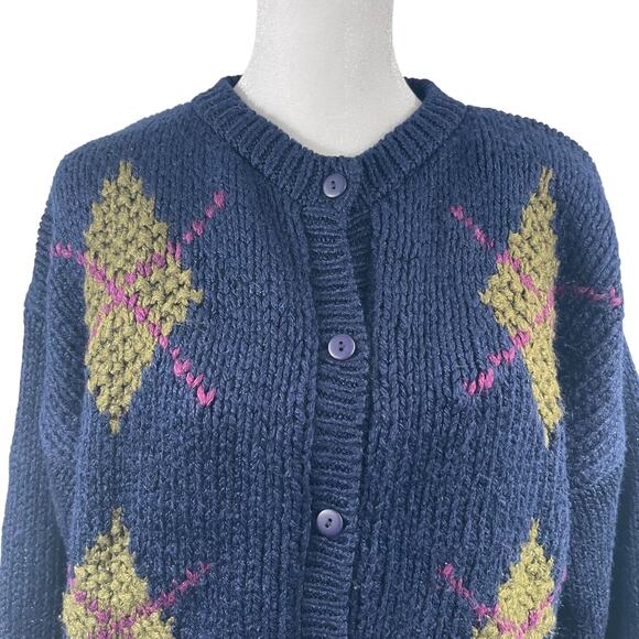 VTG Jamie Scott Handknit Cardigan Sweater Sz M Argyle Chunky Granny Academia - Picture 2 of 10